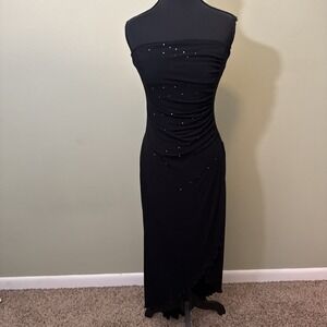 Vintage Y2K Black Strapless Formal Dress Rhinestone Asymmetrical Paper Tag Small